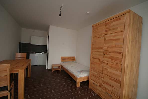Einzimmer-Appartement mit Bett und Schrank sowie einer Küchenzeile