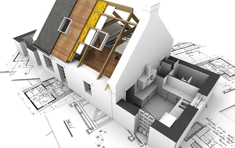 Ein Modell eines Hauses zeigt verschiedene Baufortschritte