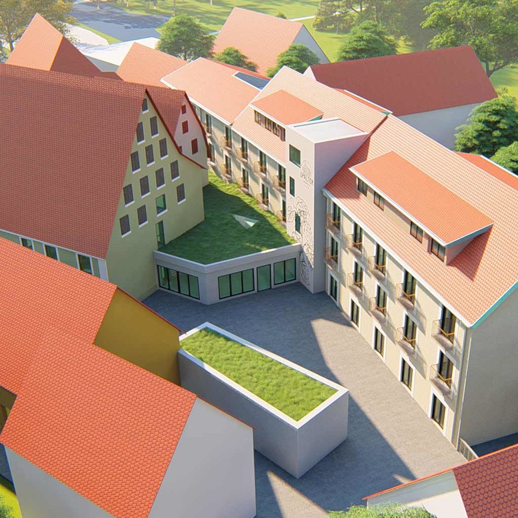 3D-Visualisierung des Spalter Bierhotels mit Blick auf den Innenhof